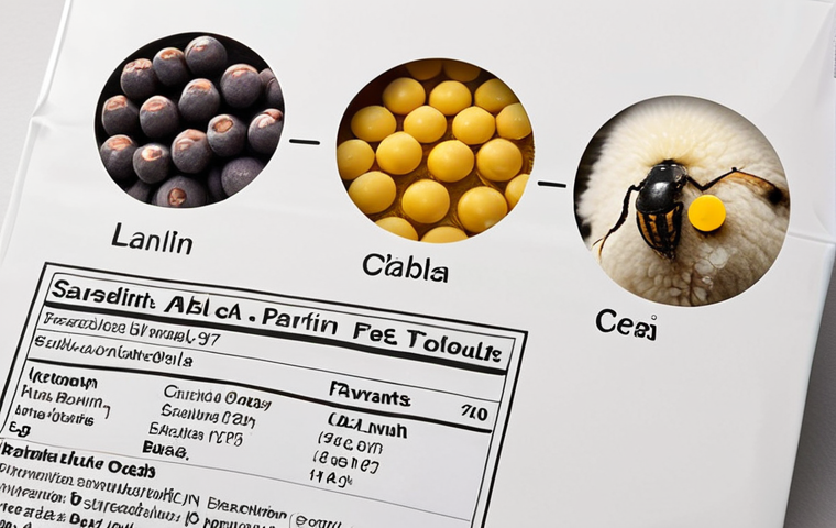 **

A close-up shot of a beauty product ingredient list. Highlight "Lanolin," "Cera Alba (Bivax)," and "Karmin (CI 75470)" with circles and question marks.  In the background, subtly show sheep, bees, and beetles to visualize the animal sources. The overall style should be informative but slightly humorous, emphasizing the difficulty of understanding ingredient lists.  The image should be slightly desaturated, with the circled ingredients popping out in color. Focus on a modern, minimalist design, similar to Scandinavian packaging.

**