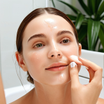**Image Prompt:** A woman with glowing skin applies C-vitamin serum to her face in a bright, modern bathroom. Focus on the radiant skin and the texture of the serum. Background includes minimalist skincare products and a plant, conveying a sense of well-being.