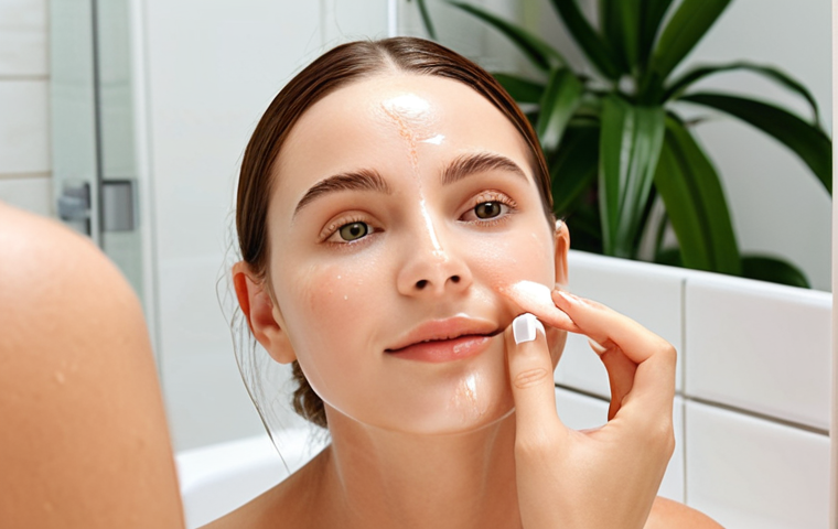 **Image Prompt:** A woman with glowing skin applies C-vitamin serum to her face in a bright, modern bathroom. Focus on the radiant skin and the texture of the serum. Background includes minimalist skincare products and a plant, conveying a sense of well-being.