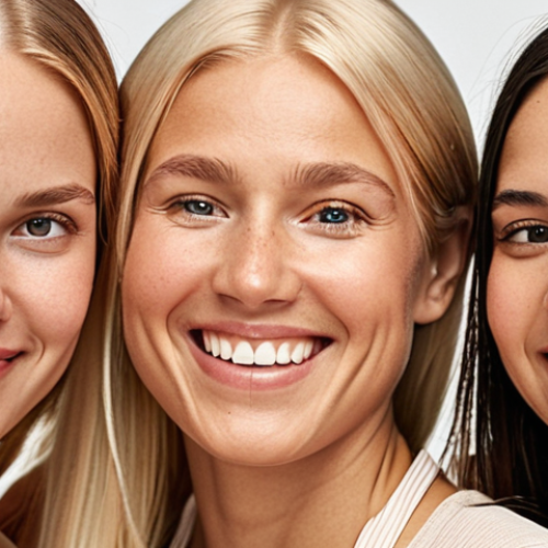 Home 7 **Prompt:** A close-up studio shot of a diverse group of Swedish women smiling radiantly, showcasing their healthy, glowing skin. Each woman has a slightly different skin tone and texture, emphasizing the importance of tailored skincare. Soft, natural light. Focus on happy, confident expressions.